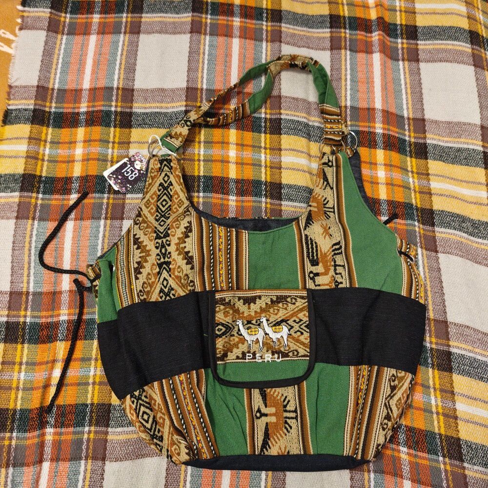 Peruvian Artisan Handmade Woven Textile Llama Boho Geometric Large Tote Bag.